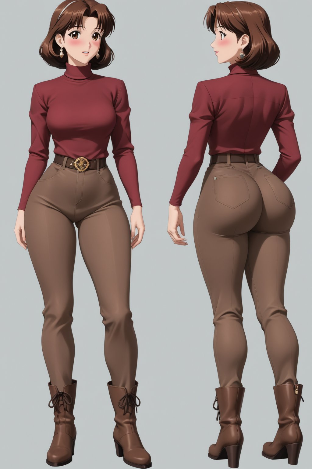 Age 24-year-old, red long sleeves turtleneck shirt, tight brown trousers pants, grey rain boots, long curvy bang brown hair, brown eyes, curvy wide hips, Thicc Juicy jiggling Bulge Big Butt, 51 inches butt, blushing in embarrassment, girl looking at her butt in shock expression, mouth agape, inflating butt, hand_on_butt,  character_sheet, masterpiece, best quality, detailed face, detailed buttocks and tight pants, 4K detailed, high-resolution, Shinji_Nishikawa_Artstyle, Shoujo_Anime,90s Aesthetic, 1980s \(style\), 