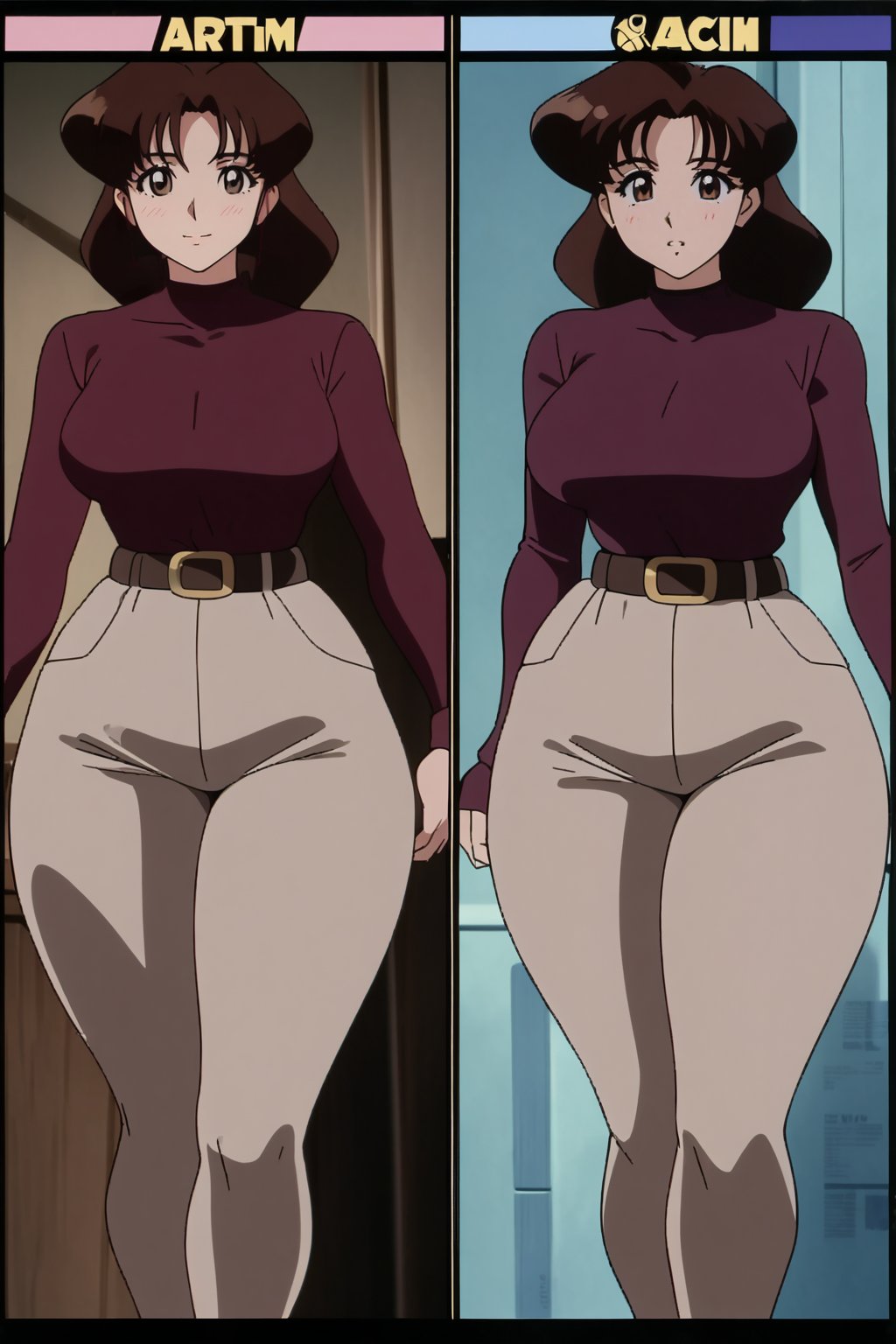 38 year old Milf Female, red long sleeves turtleneck shirt,tight brown trousers, grey boots, short neck curvy bang brown hair, brown eyes, curvy wide hips, Thicc Juicy Big Butt, 40 inches butt, character_sheet, looking-at-viewer, masterpiece, best quality, detailed face, HD detailed, high_resolution, Shinji_Nishikawa_Artstyle, Shoujo_Anime,90s Aesthetic,gunsmith,lum