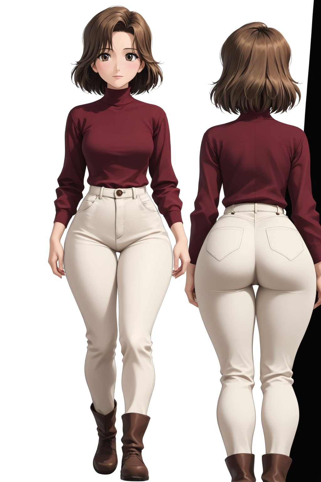 Age 42-year-old, red long sleeves turtleneck shirt, tight brown color trousers pants, no strings boots, long curvy short bob and curved bang brown hair, brown eyes, curvy wide hips, Thicc Juicy jiggling Big Butt, 51 inches butt, character_sheet, masterpiece, best quality, detailed face, detailed buttocks and tight pants, 4K detailed pants, detailed hair, high-resolution, Shinji_Nishikawa_Artstyle, Shoujo_Anime,90s Aesthetic, 1980s \(style\), 