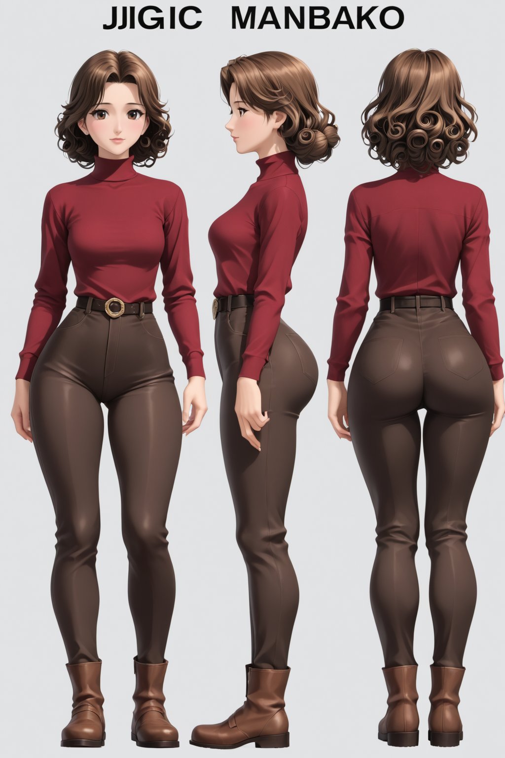 Age 24-year-old, red long sleeves turtleneck shirt, tight brown color trousers pants, no strings boots, long curly curvy short bob and curved bang brown hair, brown eyes, curvy wide hips, Thicc Juicy jiggling Big Butt, 51 inches ass, character_sheet, masterpiece, best quality, detailed face, detailed buttocks and tight pants, 4K detailed, detailed hair, high-resolution, Shinji_Nishikawa_Artstyle, Shoujo_Anime,90s Aesthetic, 1980s \(style\), 