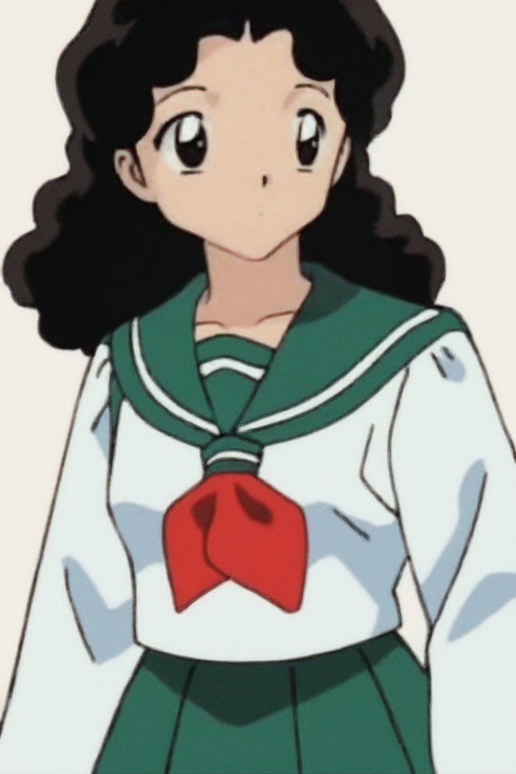 1girl, solo, long hair, looking at viewer, skirt, simple background, shirt, black hair, long sleeves, white background, brown eyes, closed mouth, school uniform, standing, white shirt, cowboy shot, pleated skirt, serafuku, sailor collar, neckerchief, wavy hair, expressionless, green skirt, red neckerchief, arms at sides, retro artstyle, green sailor collar