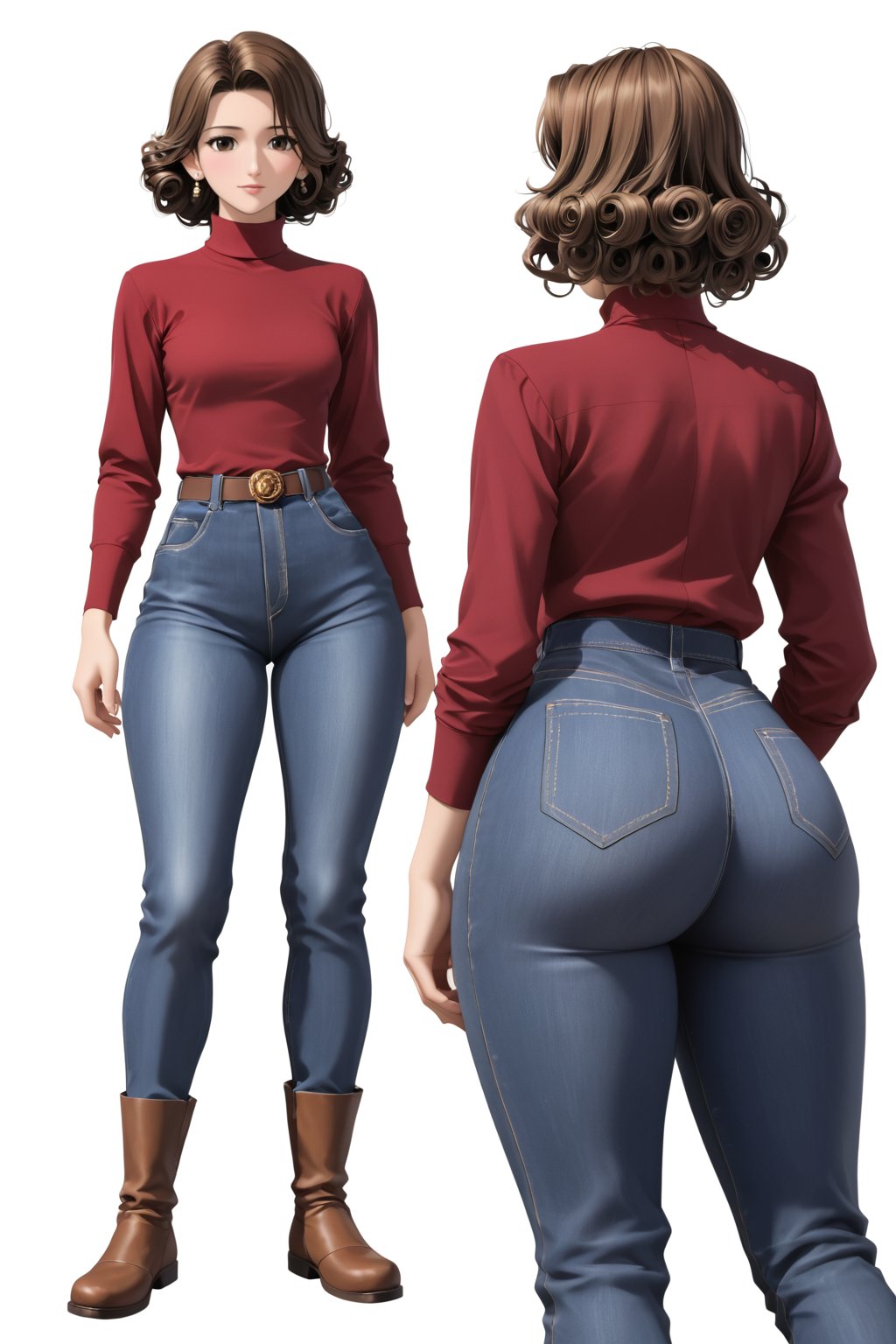 Age 42-year-old, red long sleeves turtleneck shirt, tight brown color trousers pants, no strings boots, long curly short bob and curved bang brown hair, brown eyes, curvy wide hips, Thicc Juicy jiggling Big Butt, 51 inches butt, character_sheet, masterpiece, best quality, detailed face, detailed buttocks and tight pants, 4K detailed pants, detailed hair, high-resolution, Shinji_Nishikawa_Artstyle, Shoujo_Anime,90s Aesthetic, 1980s \(style\), 