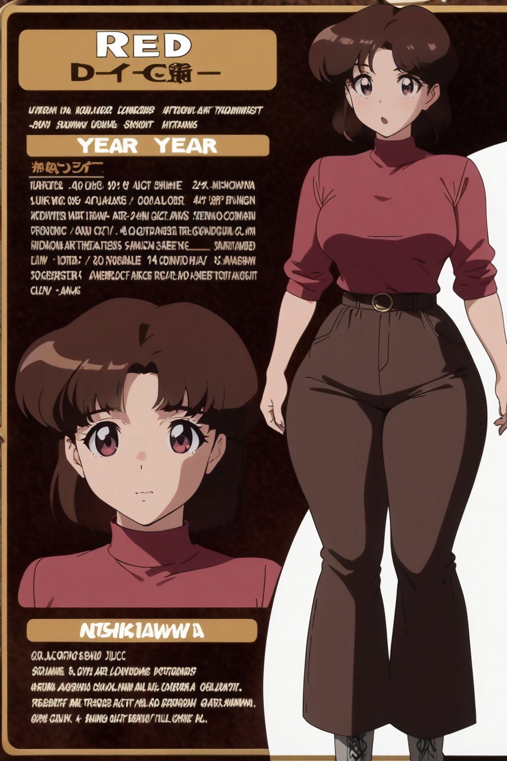 24 year old Milf Female, red long sleeves turtleneck shirt,tight brown trousers, grey boots, short neck curvy bang brown hair, brown eyes, curvy wide hips, Thicc Juicy Big Butt, 40 inches butt, character_sheet, looking-at-viewer, masterpiece, best quality, detailed face, HD detailed, high_resolution, Shinji_Nishikawa_Artstyle, Shoujo_Anime,90s Aesthetic