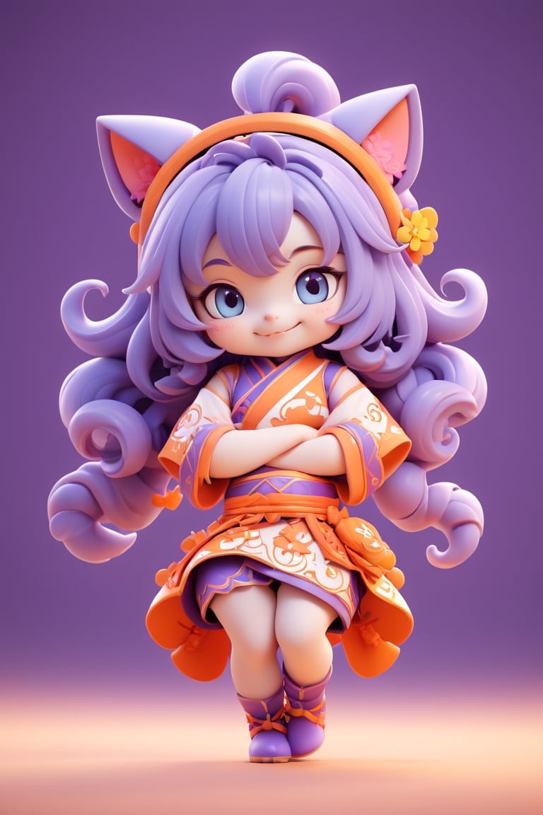 2 GIRLS, solo, chibi, full body, looking at viewer, smiley face, blue eyes, cat ears, long hair, violet hair, chinese dress, orange background