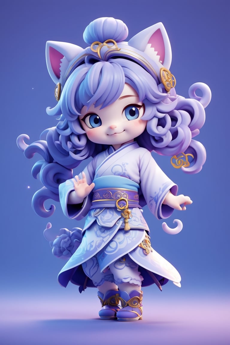 1girl, solo, chibi, full body, looking at viewer, smiley face, blue eyes, cat ears, long hair, violet hair, chinese dress, blue background