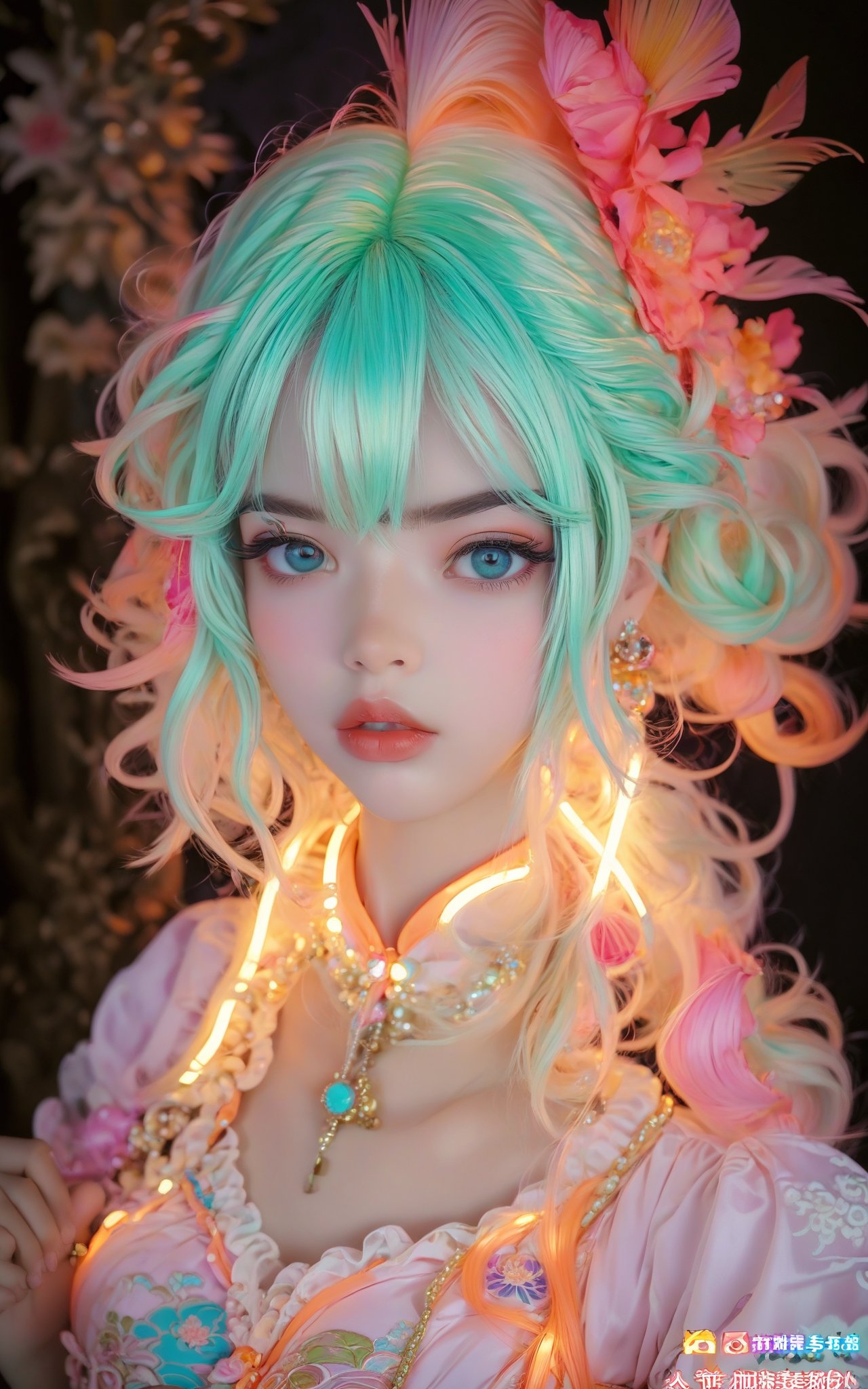 anime_artwork, rococo, grand_photograph, annoyed_girl, neon_glowing_hair, canon_5d_mark_4, neon_light, kodak_ektar, flamboyant, pastel_colors, curved_lines, elaborate_detail, rococo, art by j.c. leyendecker,more detail XL,Kesariya background 