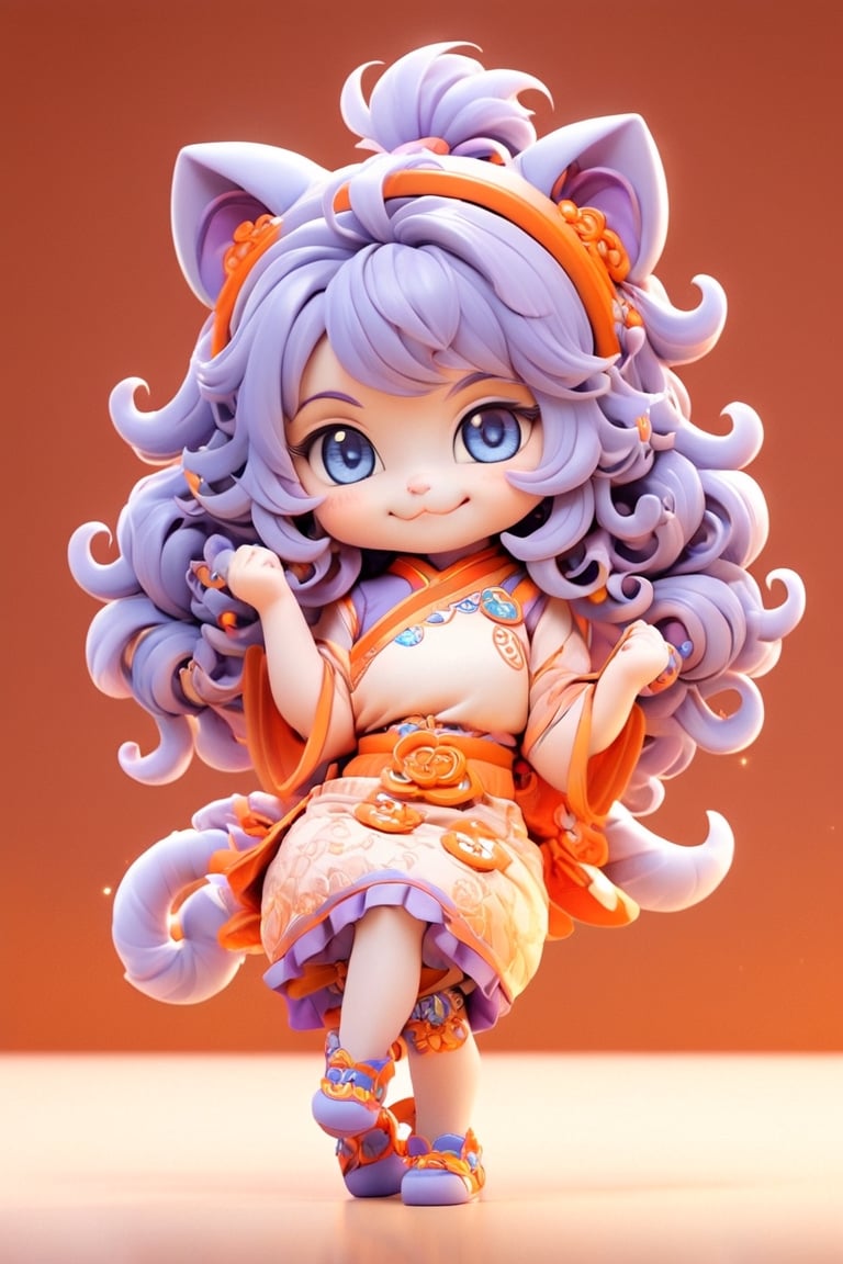 2 GIRLS, solo, chibi, full body, looking at viewer, smiley face, blue eyes, cat ears, long hair, violet hair, chinese dress, orange background