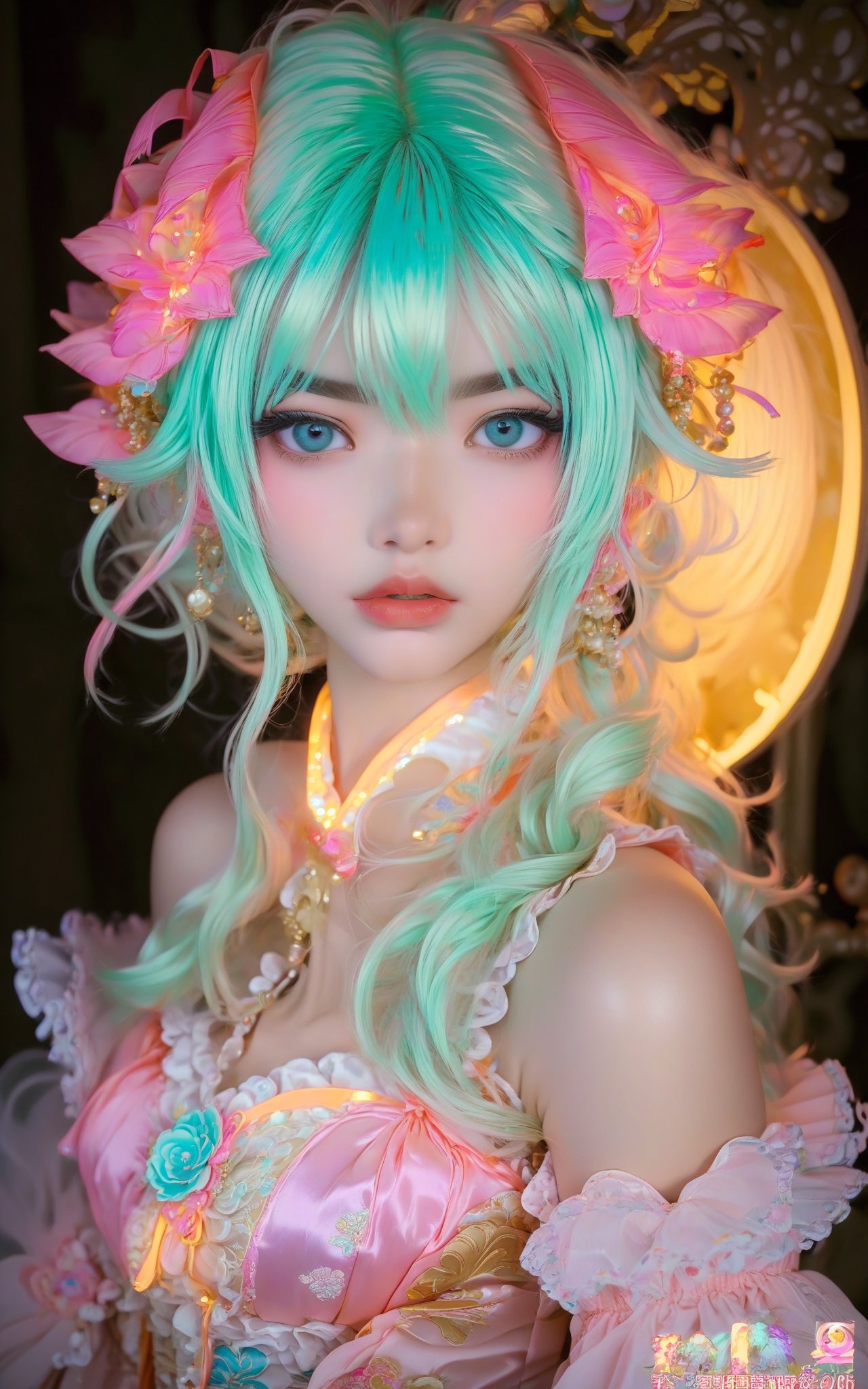 anime_artwork, rococo, grand_photograph, annoyed_girl, neon_glowing_hair, canon_5d_mark_4, neon_light, kodak_ektar, flamboyant, pastel_colors, curved_lines, elaborate_detail, rococo, art by j.c. leyendecker,more detail XL,Kesariya background 