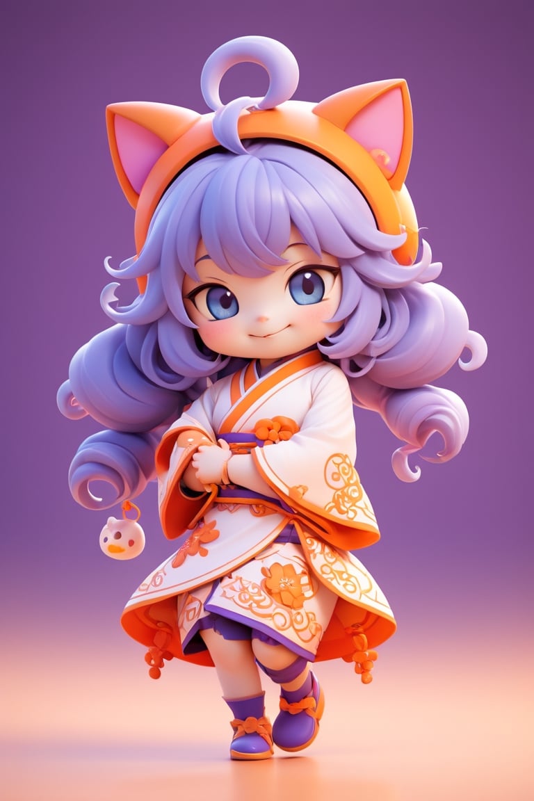 2 GIRLS, solo, chibi, full body, looking at viewer, smiley face, blue eyes, cat ears, long hair, violet hair, chinese dress, orange background