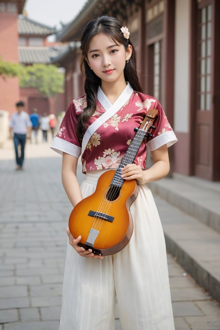 (1 2 year Indian baby girl playing sitar in busy street playing with his boyfriend with royal sister style), ((best quality, 8k, masterpiece: 1.3)), focus: 1.2, perfect body beauty: 1.4, (smile: 1.2), (old palace in korea: 1.5), highly detailed face and skin texture, delicate eyes, double eyelids, whitened skin, (air bangs: 1.3), (round face: 1.5), hanbok (top light maroon and gold floral pattern short sleeve silk top,intense white and white stripes silk very  tight  jeans The goreum of the jeogori is light orange:1.4), Lucky bag and norigae on the waist, Korea hanbok style, Top and bottom completely separated, random model pose, Head size in proportion to the body, Young beauty spirit, inkGirl, Hanbok, clear border, Clothing made of very thin silk, ((full body shot1.2)), FilmGirl, xxmix_girl, kwon-nara, cutegirlmix,cutegirlmix,kwon-nara, Asian Girl, Asian baby