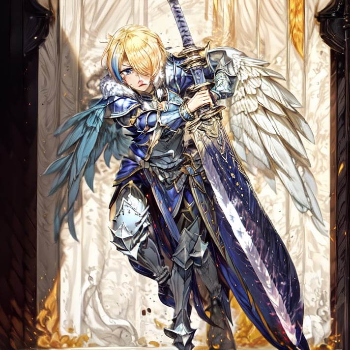 blonde hair, 1girl, blue hair, hair over one eye, multicolored hair, solo, blue eyes, armor, short hair, mole, mole under eye, fur trim, claire-liver020, blue armor, boots, war, fire, (sword:1.2), Angel, angry