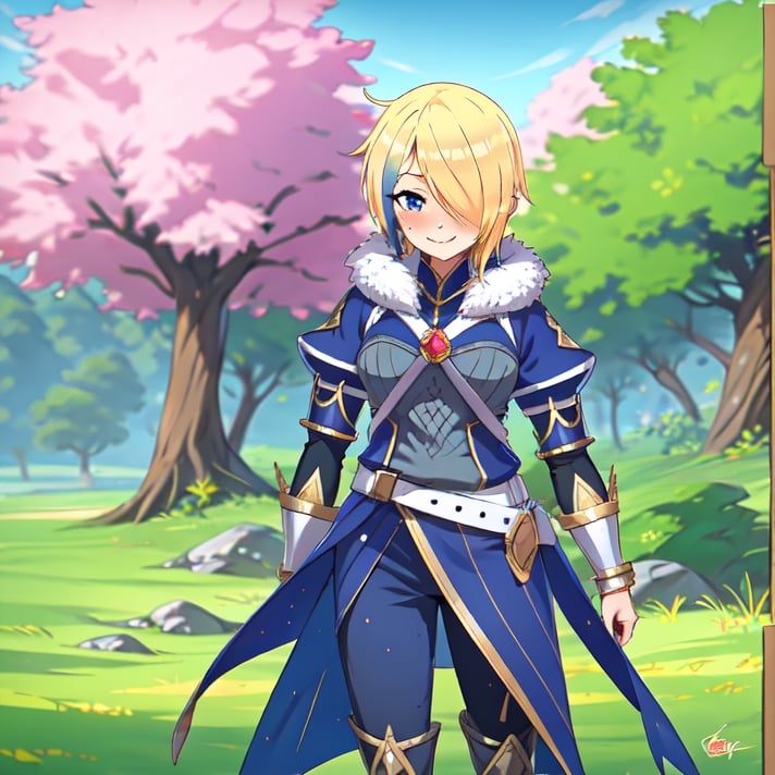 blonde hair, 1girl, blue hair, hair over one eye, multicolored hair, solo, blue eyes, armor, short hair, mole, mole under eye, fur trim, claire-liver020, blue armor, boots, forest, pink trees, fantasy, smile, blushing, nervious