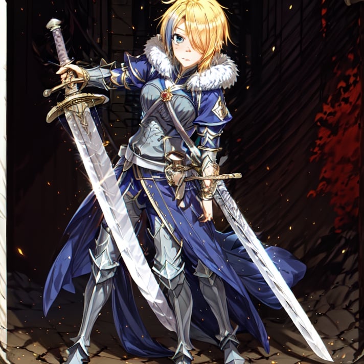 blonde hair, 1girl, blue hair, hair over one eye, multicolored hair, solo, blue eyes, armor, short hair, mole, mole under eye, fur trim, claire-liver020, blue armor, boots, war, fire, (sword:1.2)