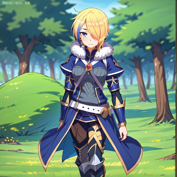 blonde hair, 1girl, blue hair, hair over one eye, multicolored hair, solo, blue eyes, armor, short hair, mole, mole under eye, fur trim, claire-liver020, blue armor, boots, forest, pink trees, fantasy