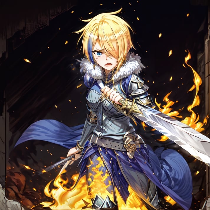 blonde hair, 1girl, blue hair, hair over one eye, multicolored hair, solo, blue eyes, armor, short hair, mole, mole under eye, fur trim, claire-liver020, blue armor, boots, war, fire, (sword:1.2), Angel, angry