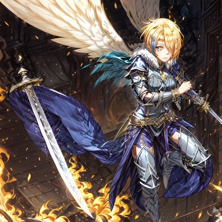 blonde hair, 1girl, blue hair, hair over one eye, multicolored hair, solo, blue eyes, armor, short hair, mole, mole under eye, fur trim, claire-liver020, blue armor, boots, war, fire, Angel, sword