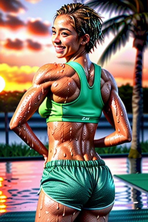 (best quality:1.5), (hyperrealistic:1.5), 27 year old muscular brazilian woman, messy short blonde haired, brown eyed, fair tanned skin, wet hair, body soaked in sweat, full body view, smiling, frontal view, side view, back view, jogging in marathon, wearing green fitness clothes, ripped abs, smiling, sunset scenery