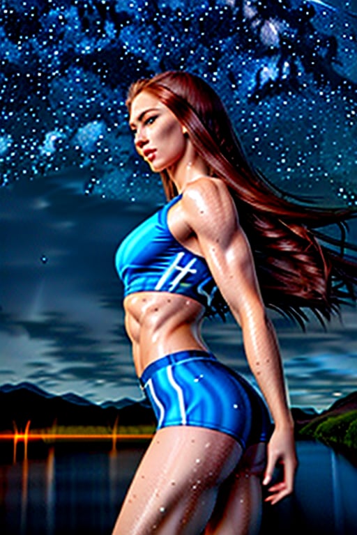 (best_quality:1.5), (hyper-realistic:1.5), straight long auburn hair, blue eyed, pale skin, 25 year old scottish woman, wearing blue tight fit clothes, starry sky scenery, running in marathon, wet hair, wet body, ripped abs, front view, side view, looking at the viewer