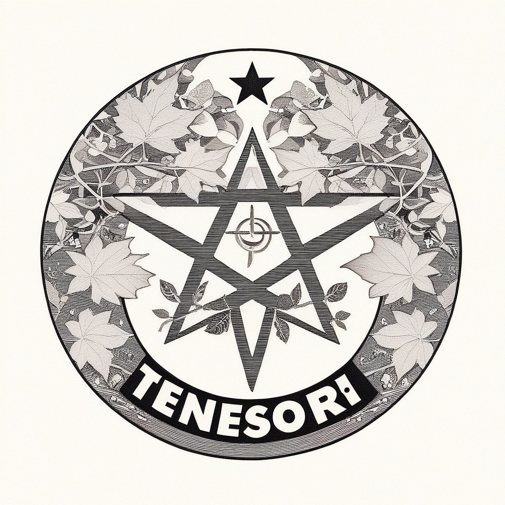 logo_emblem,Helvetica Bold_text:Tensor.Art, a pentagram,peace symbol,leaf print