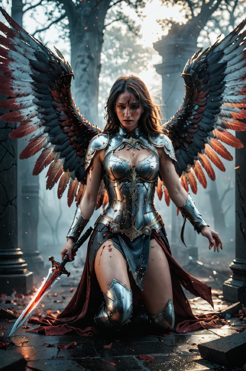 a broken wings angel (broken wings 1.5)bloody wings (bloody1.2)kneel down, ethereal, fog surrounded, broken armor(accurate 1.2), broken sword, dark dimension, photo cinematic, motion blur, 8k, superdetailed