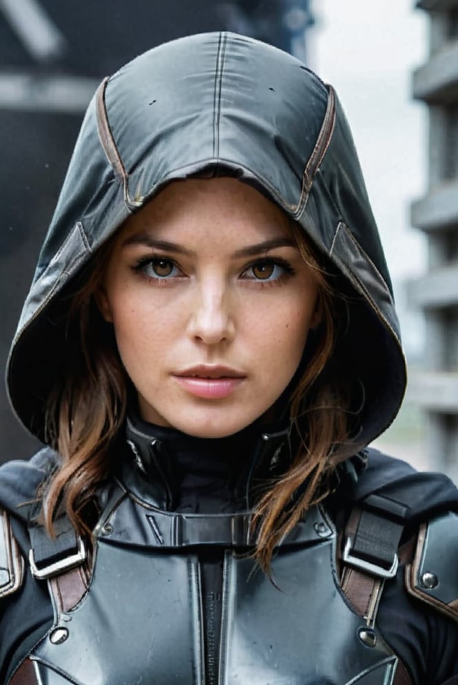 attractive woman in combat clothes, solo,beautiful face, brown hair,black battle suit, sci-fi, science fiction, cape, leather hood,