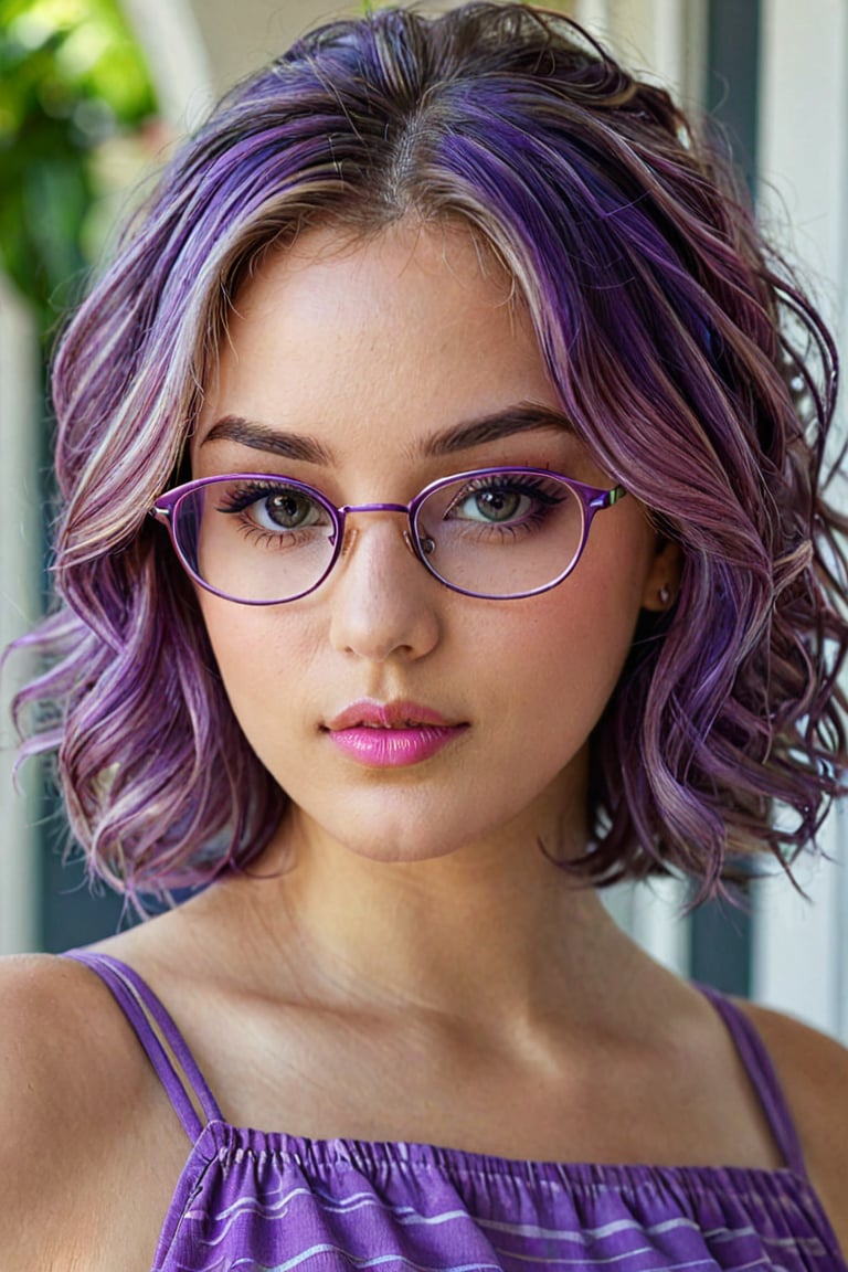 A girl with subtle glasses, purple streaks in her hair, and wearing a purple sundress. [Illustration](best quality,highres), [vivid colors], [sharp focus], [ultra-detailed], [physically-based rendering], [beautiful detailed eyes], [beautiful detailed lips], [long eyelashes], [subtle glasses], [purple streaks in hair], [purple sundress]