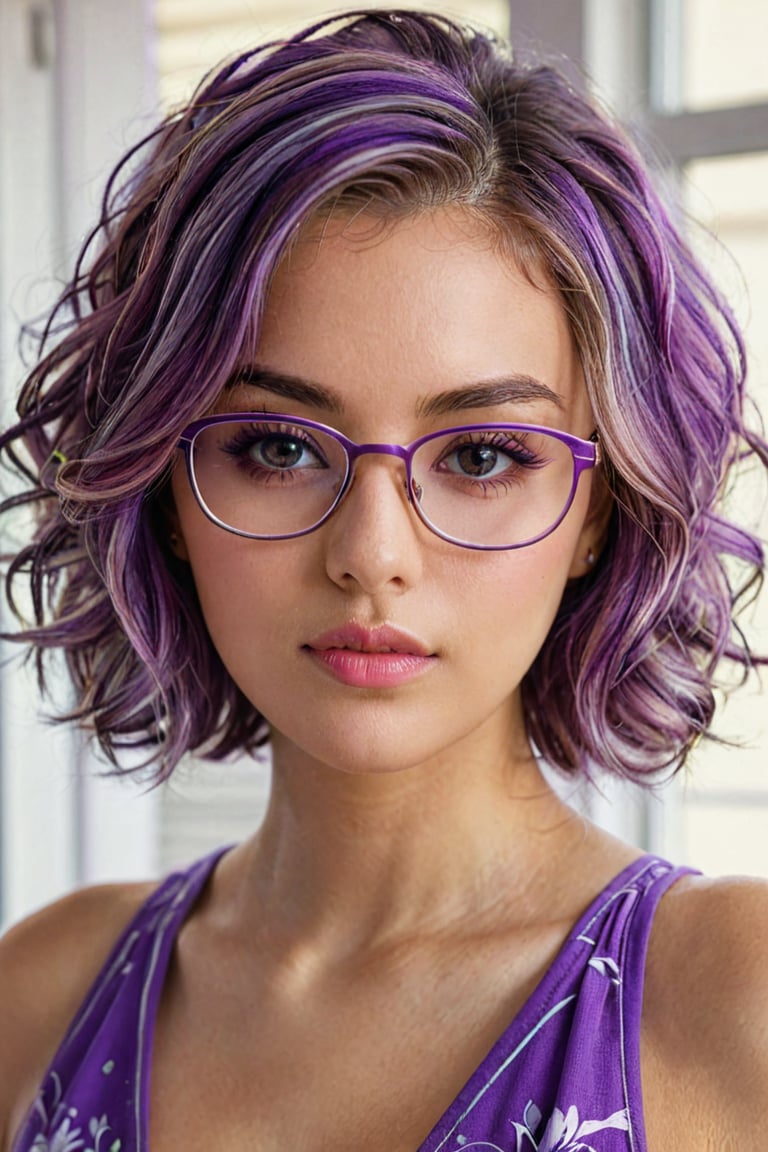 A girl with subtle glasses, purple streaks in her hair, and wearing a purple sundress. [Illustration](best quality,highres), [vivid colors], [sharp focus], [ultra-detailed], [physically-based rendering], [beautiful detailed eyes], [beautiful detailed lips], [long eyelashes], [subtle glasses], [purple streaks in hair], [purple sundress]