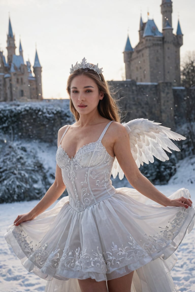 8k resolution，Angel，The halo on the head，float，snow queen, Castle Background，White skin，one person，，White tulle skirt