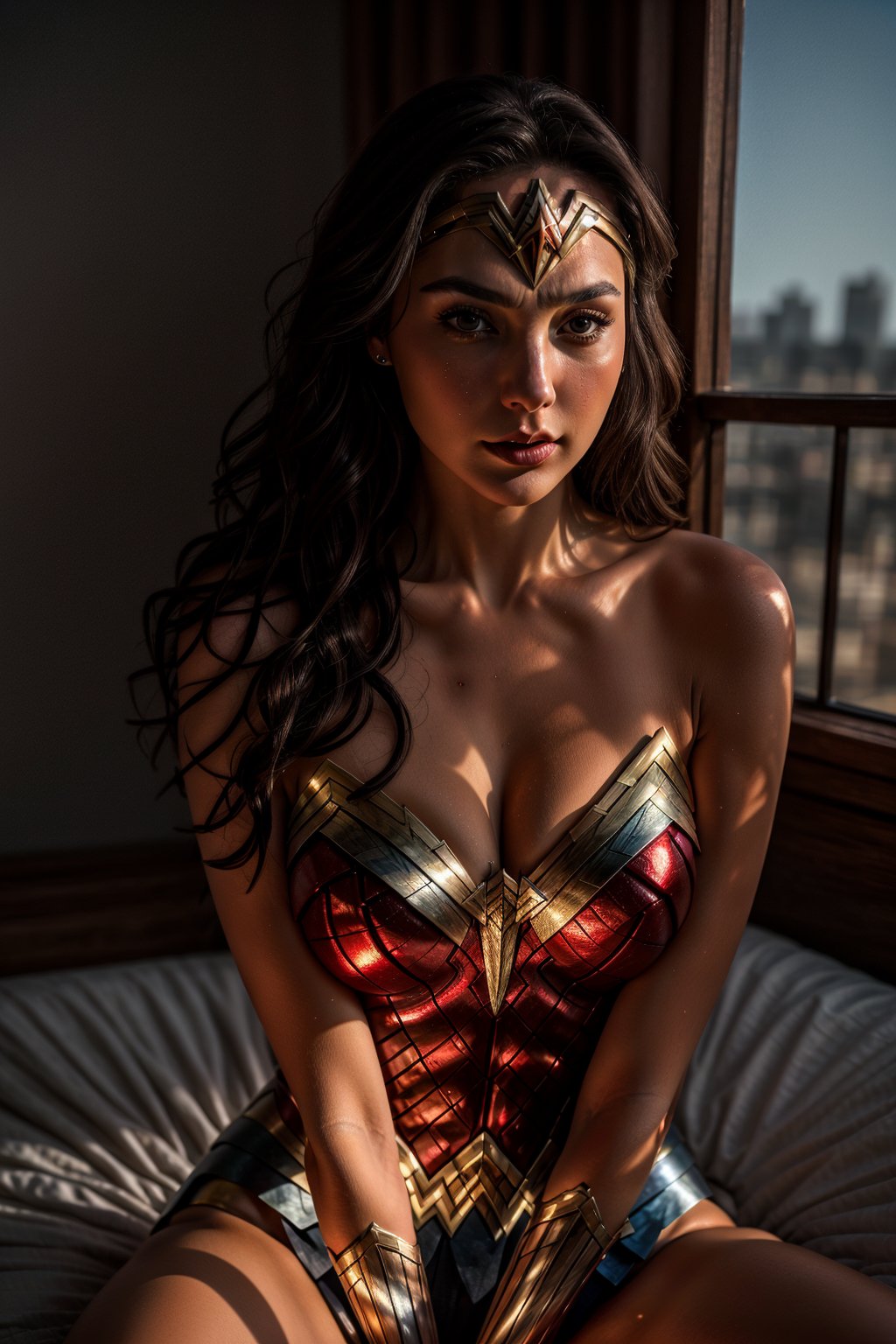 Gal Godot, wonder woman, red lips, adorable, long hair, perfect fingers, perfect nails, lustrous eyes, big breast, cleavage, perfect natural breasts, perfect boobs, ultra detailed face, model figure, full body portrait, first-person view, high quality, very detailed, 8k ultra HD, awake euphoric style, aesthetic portrait, masterpiece, extremely realistic, real photo, photorealistic, sexy pose, nice legs and hot body, striking pose