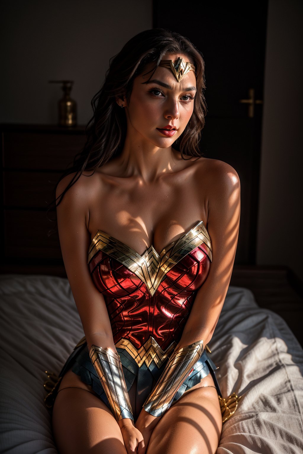 Gal Godot, wonder woman, red lips, adorable, long hair, perfect fingers, perfect nails, lustrous eyes, big breast, cleavage, perfect natural breasts, perfect boobs, ultra detailed face, model figure, full body portrait, first-person view, high quality, very detailed, 8k ultra HD, awake euphoric style, aesthetic portrait, masterpiece, extremely realistic, real photo, photorealistic, sexy pose, nice legs and hot body, striking pose