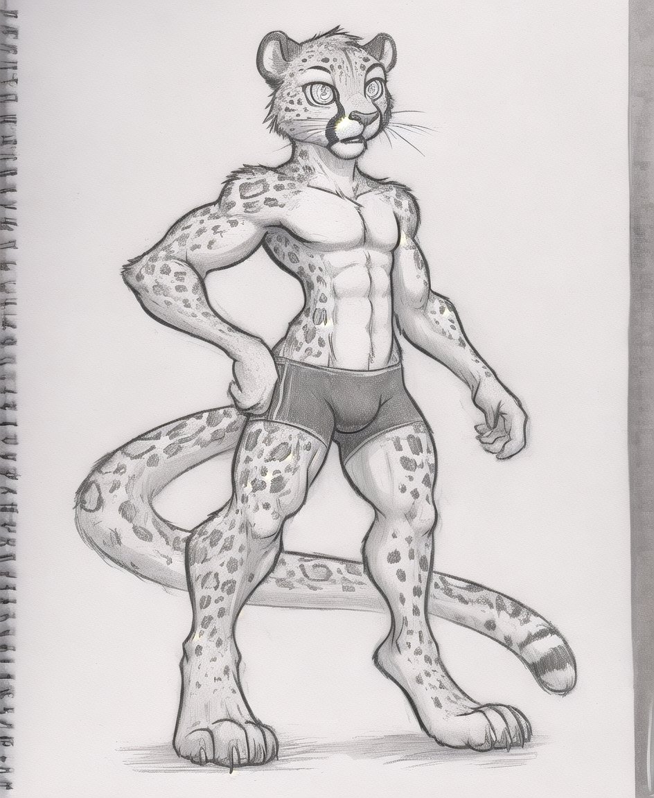 muscular, (cheetah, whiskers, black spots, long arms, long legs, paws, pawpads), solo, anthro, bright eyes, ((slim waist)), (male:1.1), underwear, boxer briefs,  ((black underwear, furgonomics)),  best quality), simple background, sketch, monochrome, greyscale, traditional media,by squeedge