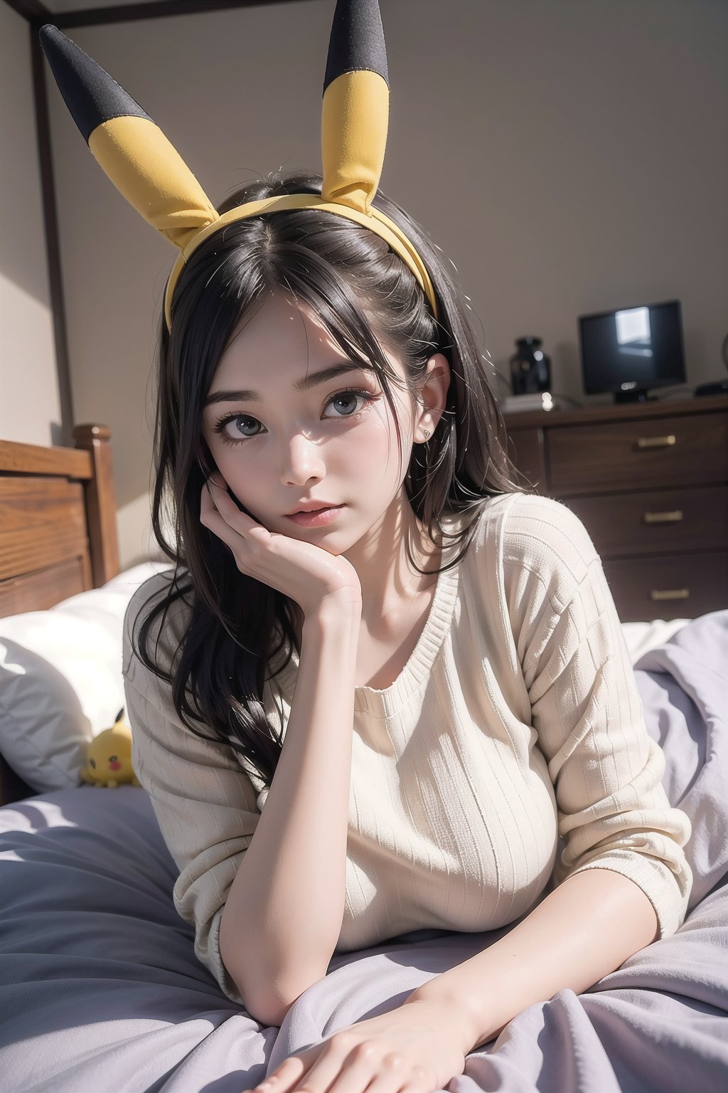 Digitally created, surreal art style, a photo. A woman lying on the bed. She's wearing a cutout sweater and yellow Pikachu ears. She has a soft expression and large, protruding eyes gazing at the viewer. The background is a simple, softly lit bedroom scene with white sheets and wooden floors that accentuate the subject. The overall vibe is a mix of sensual and playful elements.