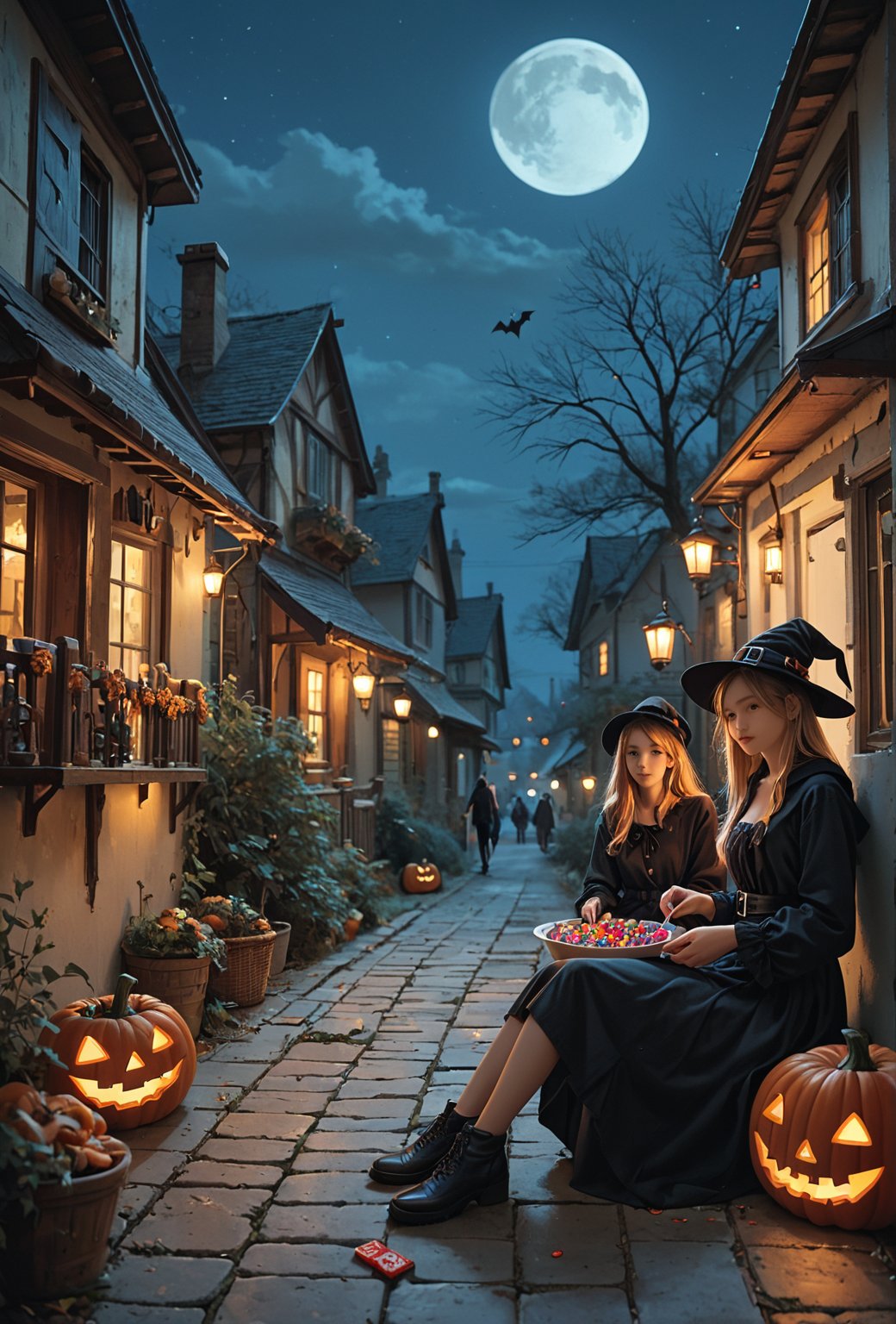 score_9, score_8_up, score_7_up, halloween, group of girls,night,candies