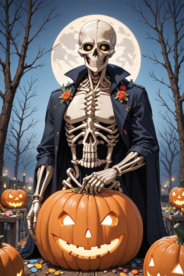 (((masterpiece))) , (((best quality))) , skeleton,halloween,fire skull, pumpkin,candy