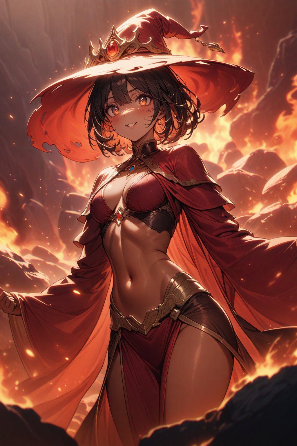 cute lady, red lava lake  background, red robes, fantasy clothes, cute face, big wide red eyes, red witch hat, cinematic lighting, ambient lighting, detailed body figure, cute witch lady, lava, navel, rocky landscape, slit_robe, royal wear, long black hair, brown_skin, ((tanned skin)), mature_woman, close up, fire sparks