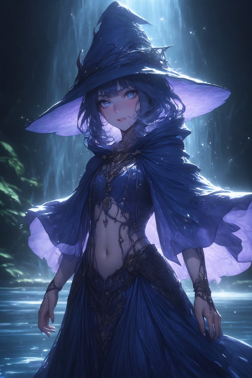 cute girl, azure blue background, blue clothes, fantasy clothes, cute face, big wide violet eyes, witch hat, cinematic lighting, ambient lighting, fantasy world, detailed body figure, cute witch lady, water fall background, navel, indigo robes, standing in a lake, water splashes, close up