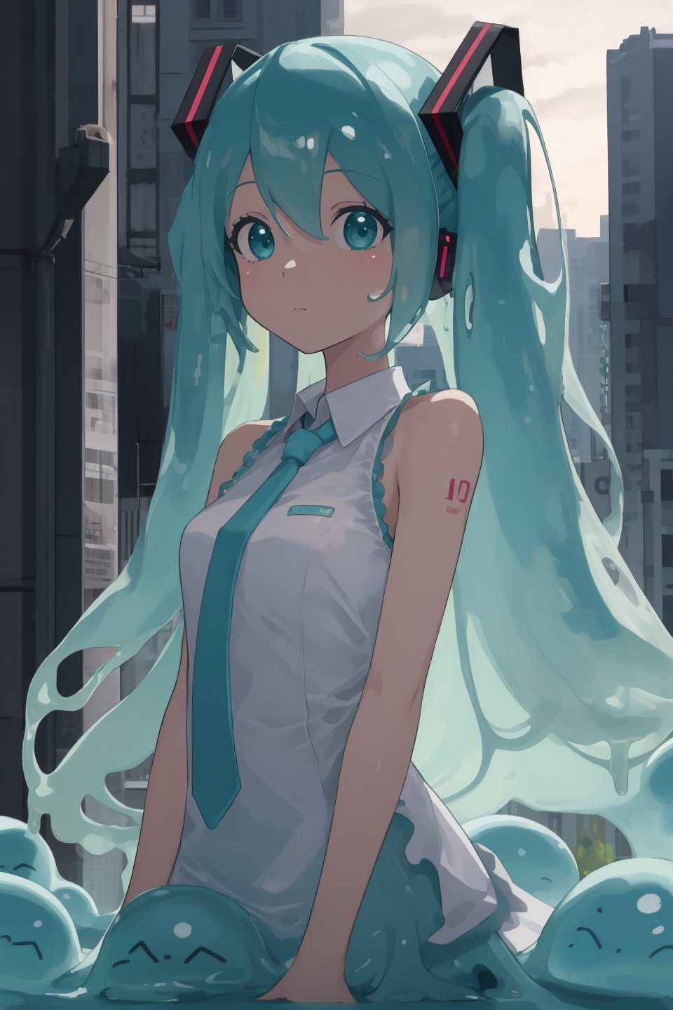 Hatsune Miku, Vocaloid, Slime, slime girl, cute girl, cute lady, cute face, sleeveless shirt, collar, tie, teal clothes, teal, nighttime, city skyline, ambient lighting, cinematic lighting, detailed body figure, big wide teal eyes, cute, translucent slime body, slimey