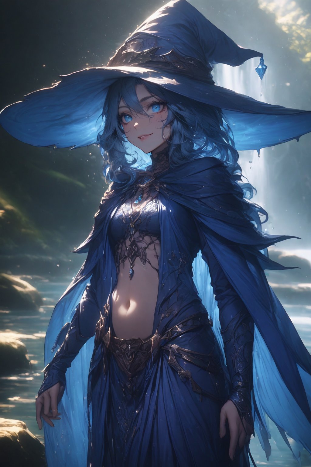 cute girl, azure blue background, blue clothes, fantasy clothes, cute face, big wide violet eyes, witch hat, cinematic lighting, ambient lighting, fantasy world, detailed body figure, cute witch lady, water fall background, navel, indigo robes, standing in a lake, water splashes, close up