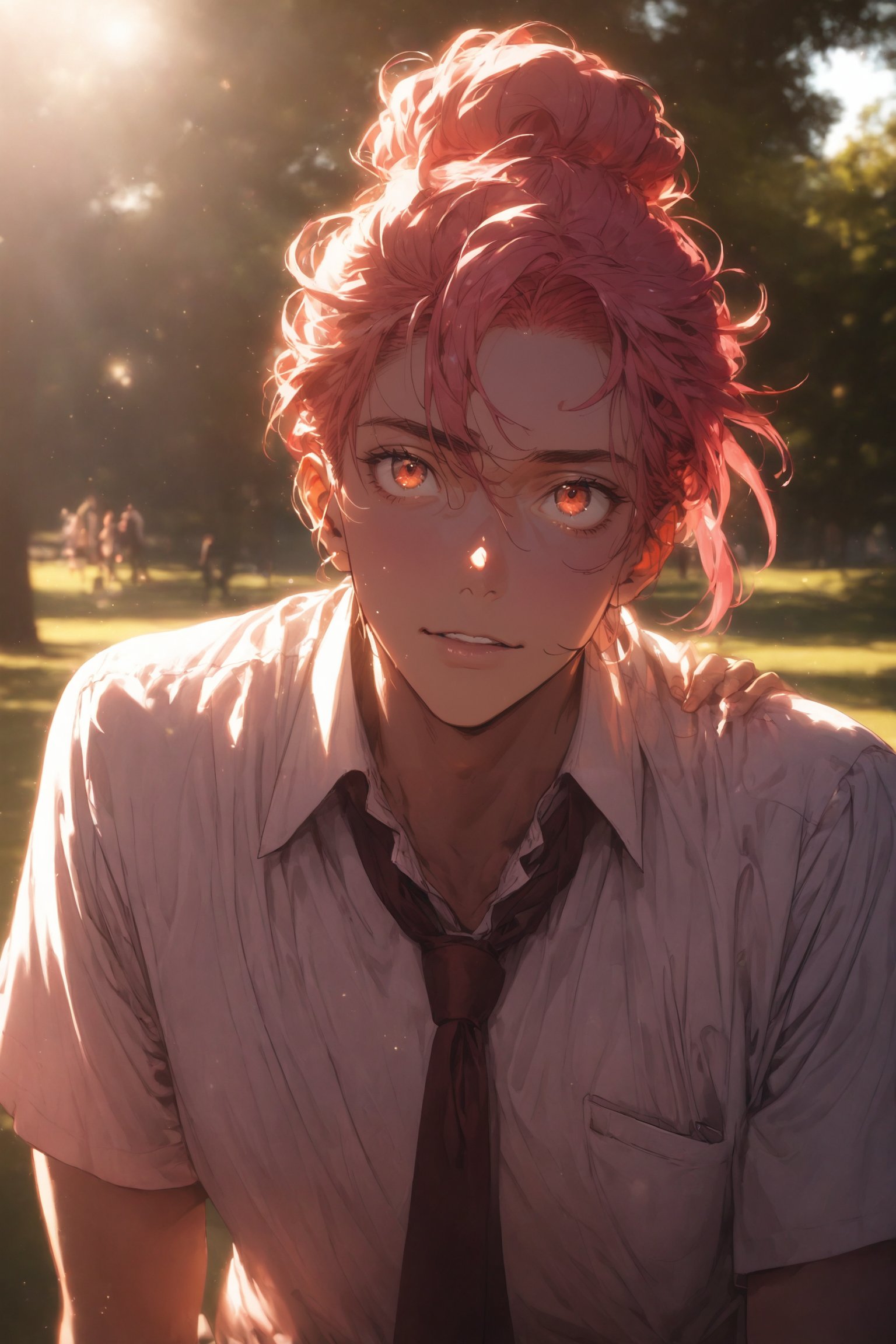 boy, male, man wearing white shirt and tie, pink hair up to shoulder, cute and handsome male, big wide eyes, cinematic lighting, ambient lighting, red eyes, at a park, sunlight