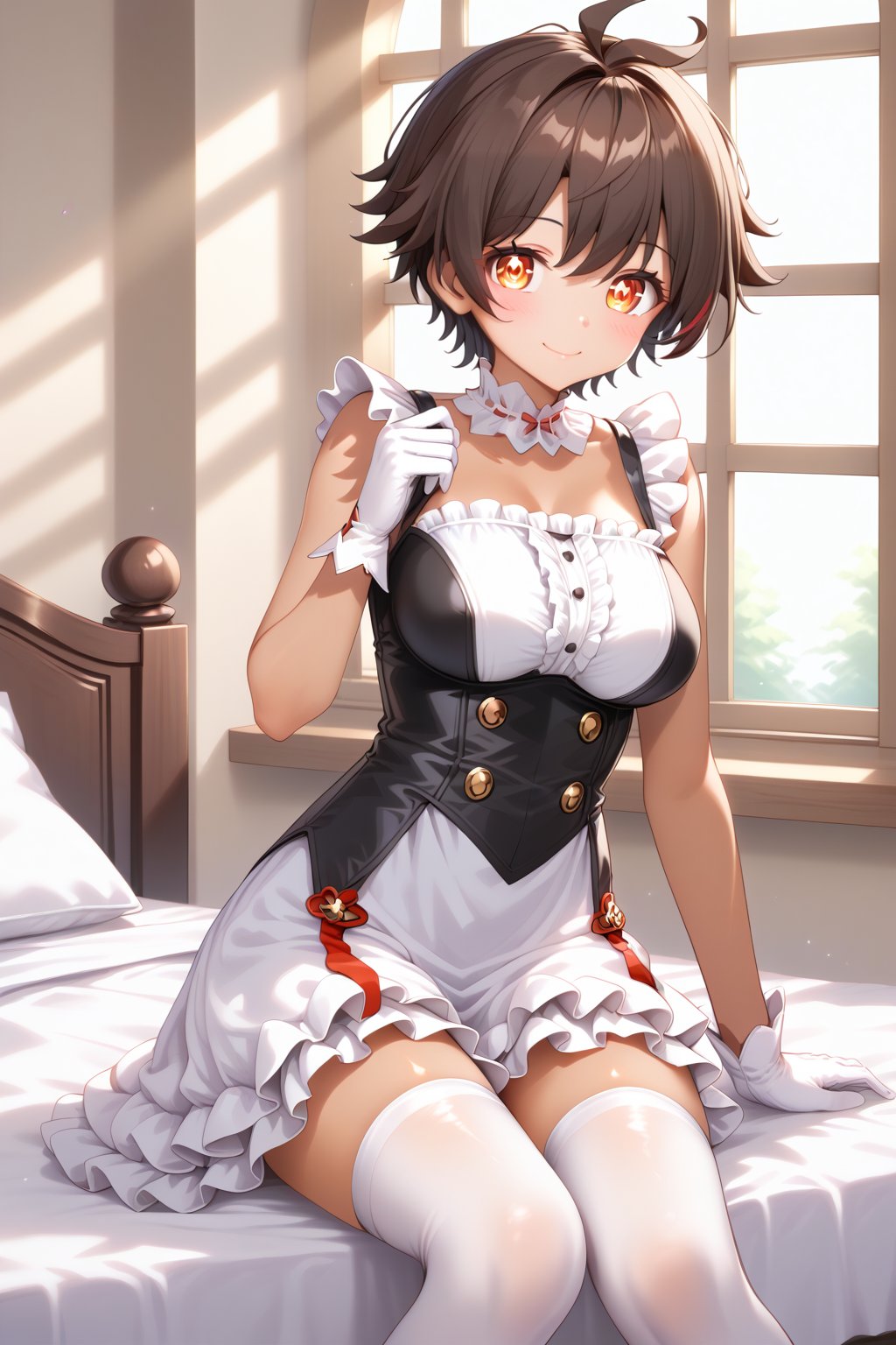 Cinematic lighting, detailed body figure, cute lady, dark skin tone, tanned skin, very short brown hair,  combed hair, big wide red eyes, cute face, detailed lighting, sunlight, white and black frilled dress, blushing, white thigh highs, white gloves, sitting on the bed, bedroom window, ((tall lady)), tomboy, mature_female