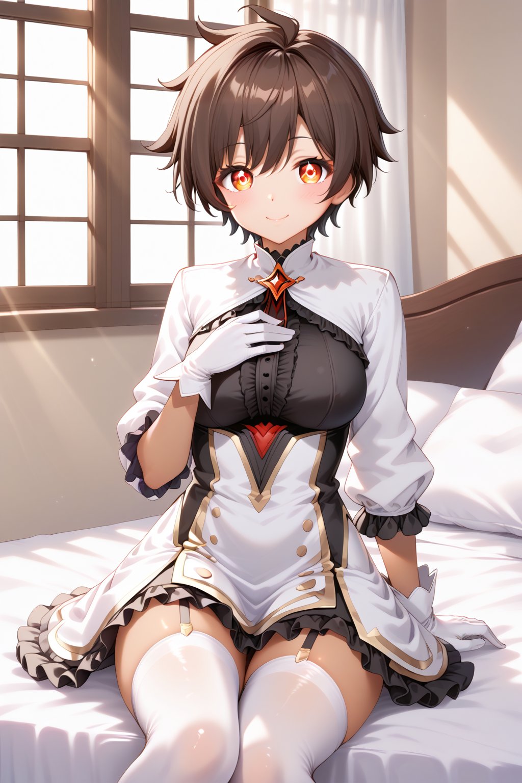 Cinematic lighting, detailed body figure, cute lady, dark skin tone, tanned skin, very short brown hair,  combed hair, big wide red eyes, cute face, detailed lighting, sunlight, white and black frilled dress, blushing, white thigh highs, white gloves, sitting on the bed, bedroom window, ((tall lady)), tomboy, mature_female