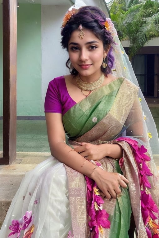 Cute girl, wearing saree, (flower_in_hair:1.5), bridal beauty, bindi, 1girl, mahima