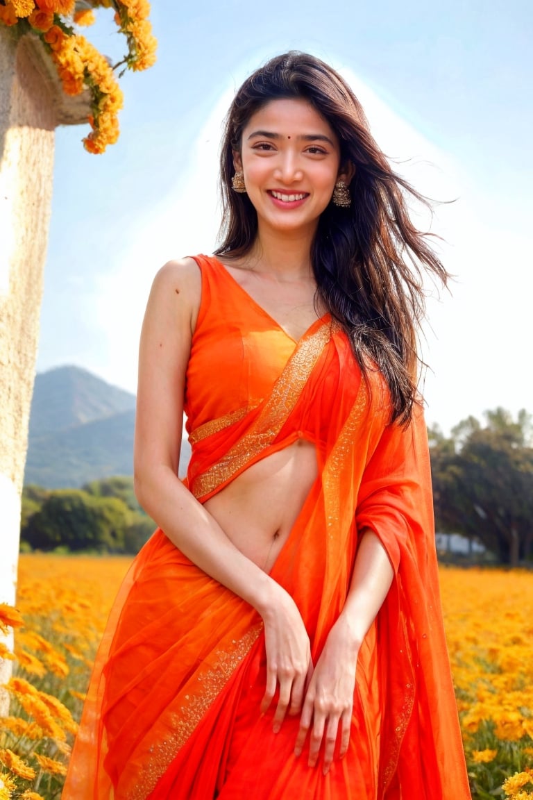 Nsfw,hindu_nude girl with indian , smiling face,indian_temples , detailed_background , 32k , 8k , masterpiece , high_resolution , beautiful , black_long_hairs ,girl wearing indian balck saree , orange_theme , dancing, flower field, perfect fingers open bra show boobs ,nude breast, chubby, enhance her bridal beauty, bindi