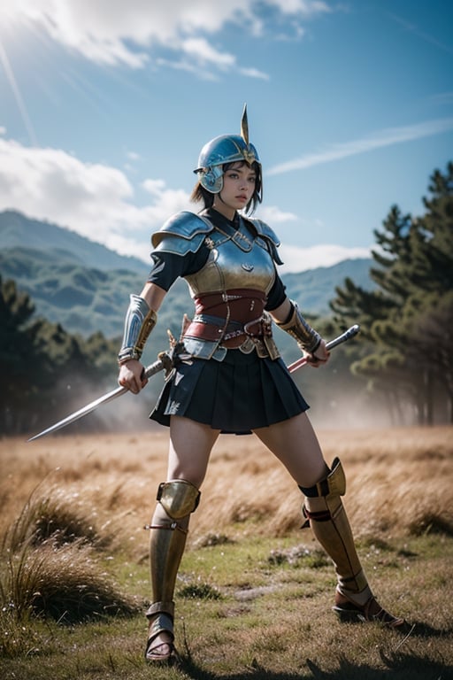 beautiful 18 year old japan girl, Best quality, 1080P, masterpiece, ultra high res, (photorealistic:1.4), raw photo, glowing skin, full body, ear_rings, big breasts, Detailedface, Ancient Battlefield background, ancient warrior helmet, ancient warrior armor, wielding a two-handed sword