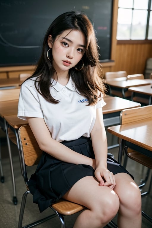 beautiful 18 year old japan girl, Best quality, 1080P, masterpiece, ultra high res, (photorealistic:1.4), raw photo, glowing skin, full body, ear_rings, medium breasts, Detailedface, Sitting in the classroom, Writing ABC on the blackboard with chalk, Wearing a school uniform