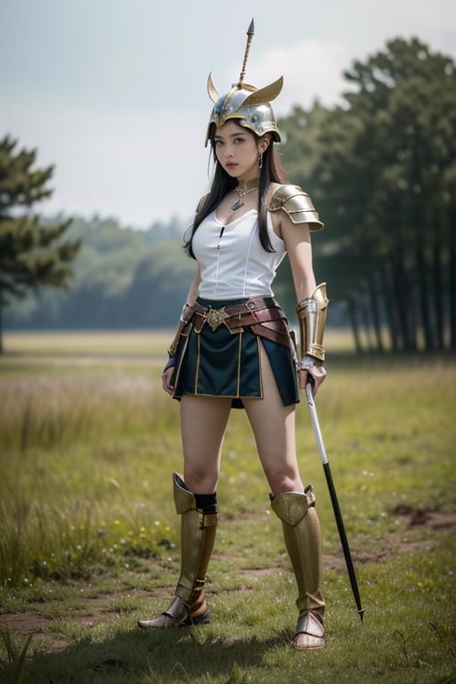 beautiful 18 year old japan girl, Best quality, 1080P, masterpiece, ultra high res, (photorealistic:1.4), raw photo, glowing skin, full body, ear_rings, medium breasts, Detailedface, Ancient Battlefield background, ancient warrior helmet, ancient warrior armor, holding a spear