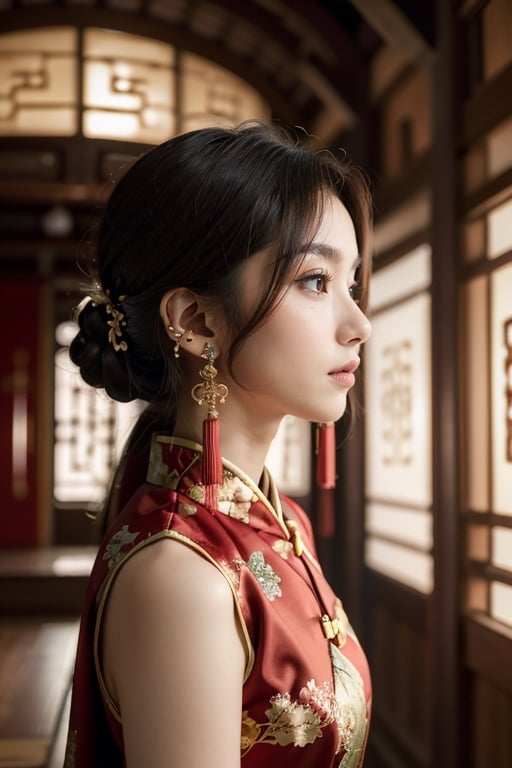 beautiful 18 year old japan girl, Best quality, 1080P, masterpiece, ultra high res, (photorealistic:1.4), raw photo, glowing skin, full body, ear_rings, medium breasts, Detailedface,  background, wear Chinese Tang costume,ancient_chinese_indoors, sideview