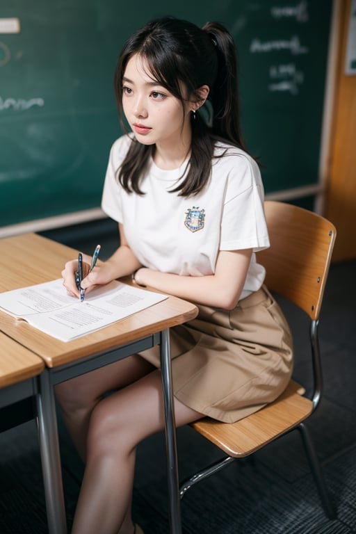 beautiful 18 year old japan girl, Best quality, 1080P, masterpiece, ultra high res, (photorealistic:1.4), raw photo, glowing skin, full body, ear_rings, medium breasts, Detailedface, Sitting in the classroom chair, Writing on the blackboard with chalk, Wearing a school uniform, pony_tail, 