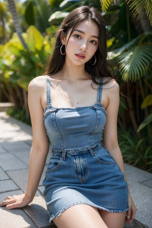 beautiful 18 year old japan girl, Best quality, 1080P, masterpiece, ultra high res, (photorealistic:1.4), raw photo, glowing skin, full body, ear_rings, medium breasts, Detailedface, Maldives resort background, wearing denim dress,