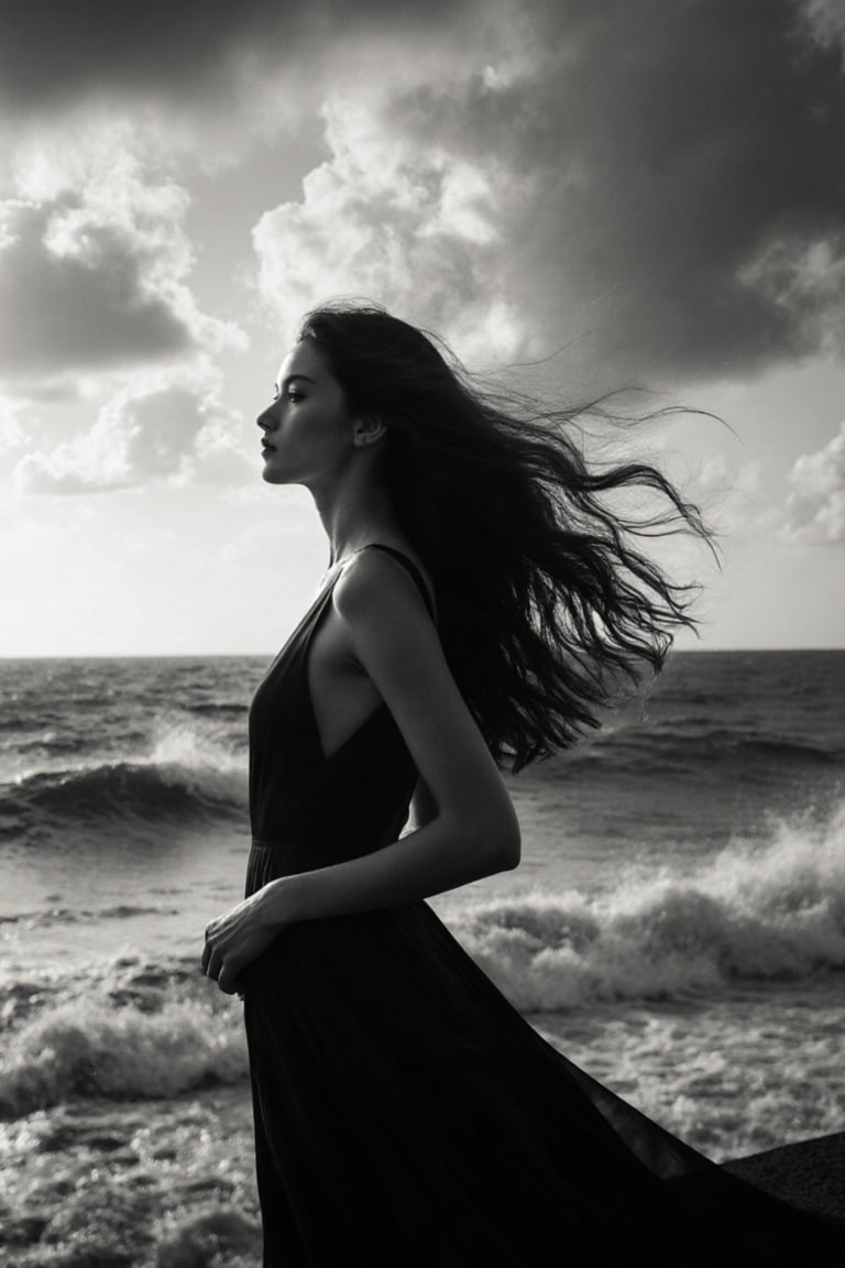 A stunning black and white portrait of a dark-haired woman standing by the windy sea,  her long hair flowing dramatically...